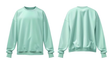 Blank mint green pullover mockup, front and back view, isolated on a white background. 