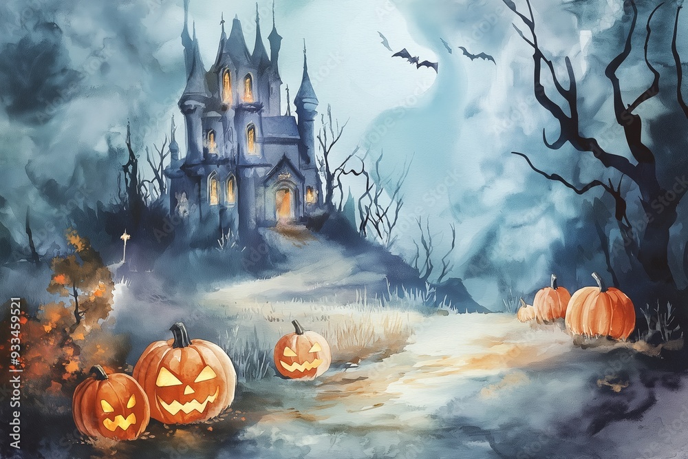 Halloween night background image with spooky castle and pumpkins ...