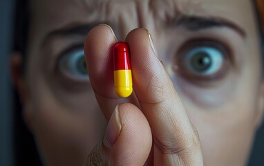 The image shows a close-up of a woman's face with wide eyes and an open mouth, holding a red and yellow capsule pill, conveying surprise or concern.