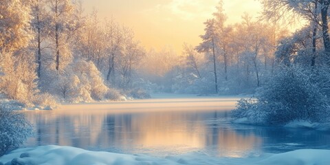 Wall Mural - Frozen lake surrounded by snowy trees and fog.