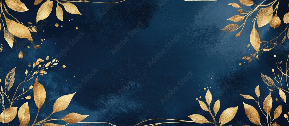 Navy blue floral wedding invitation card design featuring golden leaves ...
