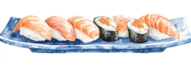 Hand drawn watercolor illustration of a Nigiri sushi set arranged on a plate isolated on a white background