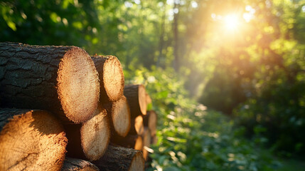 tranquil scene of a forest, where a row of stumps stands under dappled sunlight. The image captures the somber aftermath of deforestation, highlighting the contrast between nature's beauty and human i