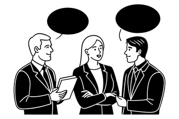 Single Line Vector Illustration Two Businessmen and Businesswoman in Dialogue with Speech Bubble art vector illustration