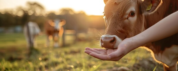 Farmer feeding cow on field at sunset. Cattle cow grazing on farmland. Agriculture cattle livestock farming industry and animal husbandry. Animal health care and love animals concept. Closeup