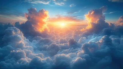 majestic cloudscape with golden sunbeams piercing through billowing cumulus clouds creating a heavenly atmosphere of divine light and celestial beauty against a deep blue sky