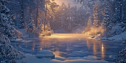 Wall Mural - Snow covered forest with a river in the middle.