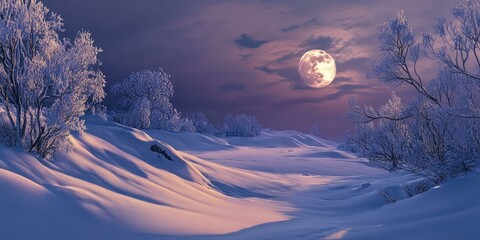 Wall Mural - Snowy landscape with frosted trees and moon.