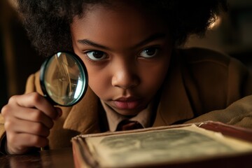 A young investigator carefully studies a clue with a magnifying glass, reflecting their keen interest in uncovering secrets and solving mysteries.