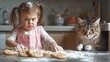 © Alex - Charming Poster of an Upset Little Girl in a Pink Apron Baking Cookies, Flour All Over the Kitchen, with a Watchful Cat – Perfect for a Cozy Kitchen or Family-Themed Decor!