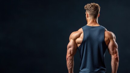 Strong male athlete showcasing muscular back in a fitness setting, emphasizing strength and determination against a dark backdrop.