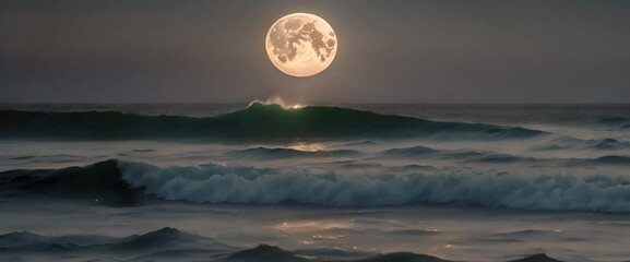 Wall Mural - A moonlit night over the ocean with a giant, glowing full moon casting silver light on the gentle waves