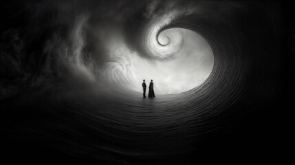 Silhouetted couple facing surreal wave-like void, ominous swirling clouds above, monochromatic dreamscape portraying existential contemplation and cosmic mystery