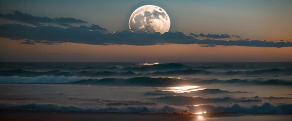 Wall Mural - A moonlit night over the ocean with a giant, glowing full moon casting silver light on the gentle waves