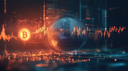 Poster - A globe surrounded by rising investment graphs and cryptocurrency symbols, highlighting global economic advancements.