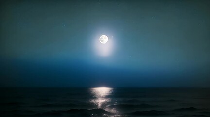 Wall Mural - A moonlit night over the ocean with a giant, glowing full moon casting silver light on the gentle waves