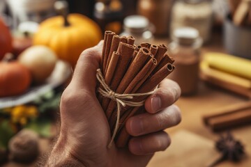 Male hand holding a bundle of cinnamon sticks in a warm, autumn-themed kitchen setting