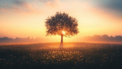 Poster - Silhouette tree in foggy field at sunrise.