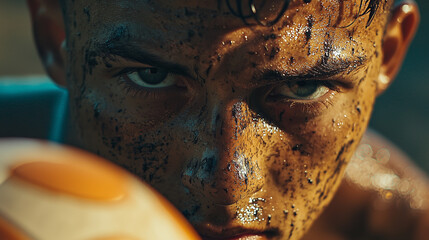 Closeup of a man's face covered in dirt and sweat.