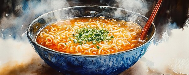 Noodles in broth, aromatic herbs, steaming hot, inviting meal, watercolor, rich colors