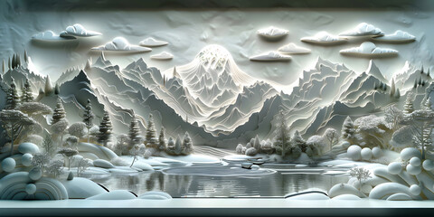 3d White Papercut Art: Snowy Mountain Landscape with Sun, Cherry Blossoms. And Minimalist Winter Scenes of Nature Scene Papercraft Snowy Mountain River, Lake Forest Skyview Landscape Background