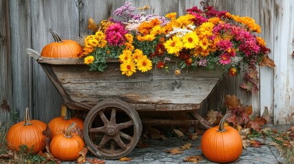 Rustic wheelbarrow with fall flowers and pumpkins. Generation Ai