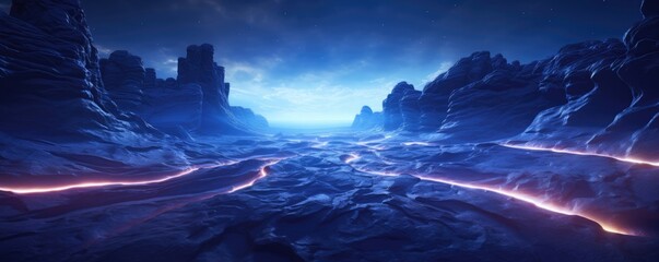 Wall Mural - Sci-fi landscape of alien planet with rocky stones and neon lights. Futuristic fantasy space background in pink and blue color. Cosmos exploration concept