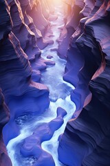Sci-fi landscape of alien planet with rocky stones and neon lights. Futuristic fantasy space background in pink and blue color. Cosmos exploration concept
