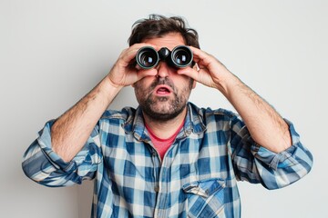 The image shows a man in his thirties wearing business casual attire, holding a pair of binoculars up to his eyes, with a focused expression.