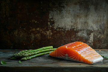 Fresh raw salmon on old wooden background.