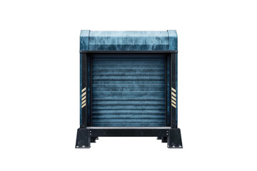 A blue industrial container with a rolling door, perfect for storage and transport in various environments.