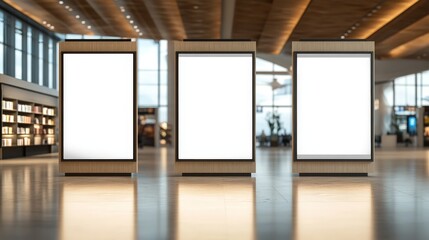 Three Blank Digital Advertising Stands in Modern Airport Terminal