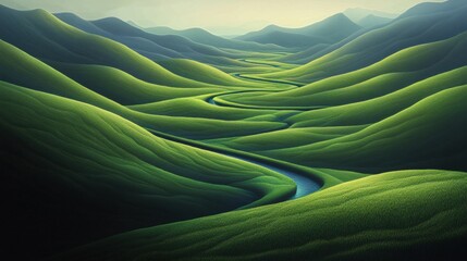 Wall Mural - A serene landscape featuring rolling green hills and a winding river under soft, hazy light.