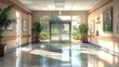 © Aventurine - Watercolor hospital entrance with automatic doors, in a bright, welcoming scene.