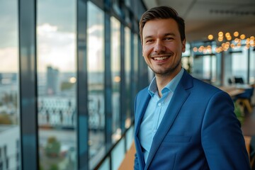 Businessman in a blue suit, smiling, with a modern office interior and cityscape visible through panoramic windows, close-up portrait with copy space on the right.