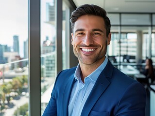 Businessman in a blue suit, smiling at the camera, close-up portrait against a modern office interior and cityscape view, copy space on the right.