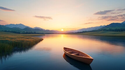 Naklejka na meble Canal boat drifting on a tranquil waterway sunset backdrop 3D illustration