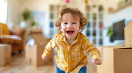 A cheerful child playing indoors, surrounded by packed boxes, conveying happiness and excitement in a cozy home environment.