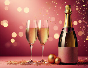 two glasses of champagne with bottle of champagne on sparkly background, concept of celebration