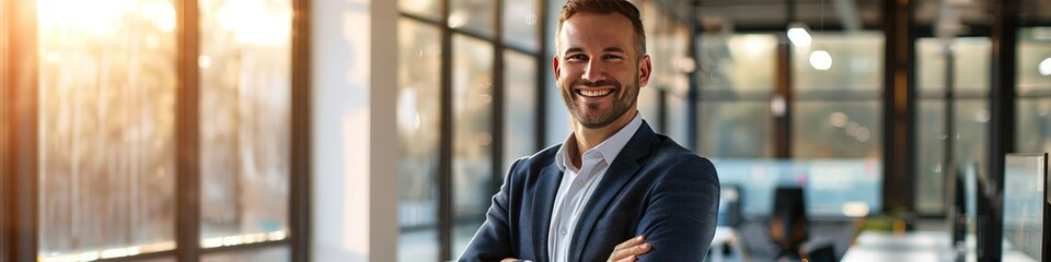 Businessman in a modern office with arms crossed, smiling confidently, realistic photo style.