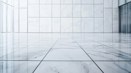 Poster - Modern interior featuring polished white marble floors and minimalist walls in a contemporary building