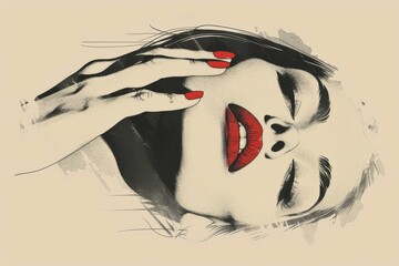 Poster - A woman's face with red lips and a red nail polish. The woman is looking down and she is in a contemplative mood