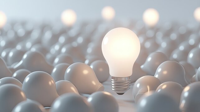 3D rendering of a single glowing light bulb among a field of white background bulbs, with clear space for adding creative text