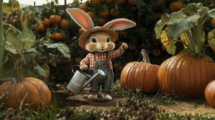 adorable cute bunny in overalls and straw hat with watering can in paws against autumn pumpkin harvest background