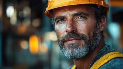 portrait of confident construction worker in hard hat and safety vest warm lighting accentuates determined expression and years of expertise