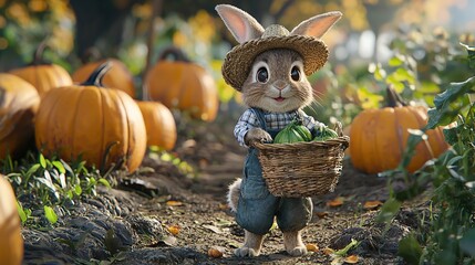 adorable cute bunny in overalls and straw hat with basket in paws against autumn pumpkin harvest background