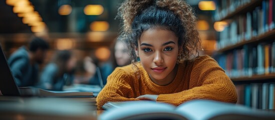 Wall Mural - Young Woman Studying in a Library