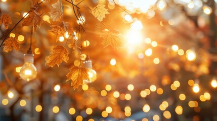 Sticker - Golden autumn leaves illuminated by warm lights, creating a festive and cozy outdoor atmosphere.