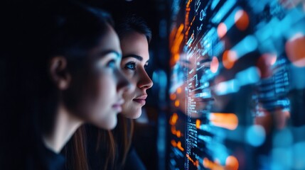 Poster - AI Cybersecurity Threat Concept. Multiethnic IT Team Analyzing Data, Side Profile