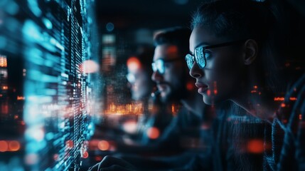 Poster - AI Cybersecurity Threat Concept. Multiethnic IT Team Analyzing Data, Side Profile